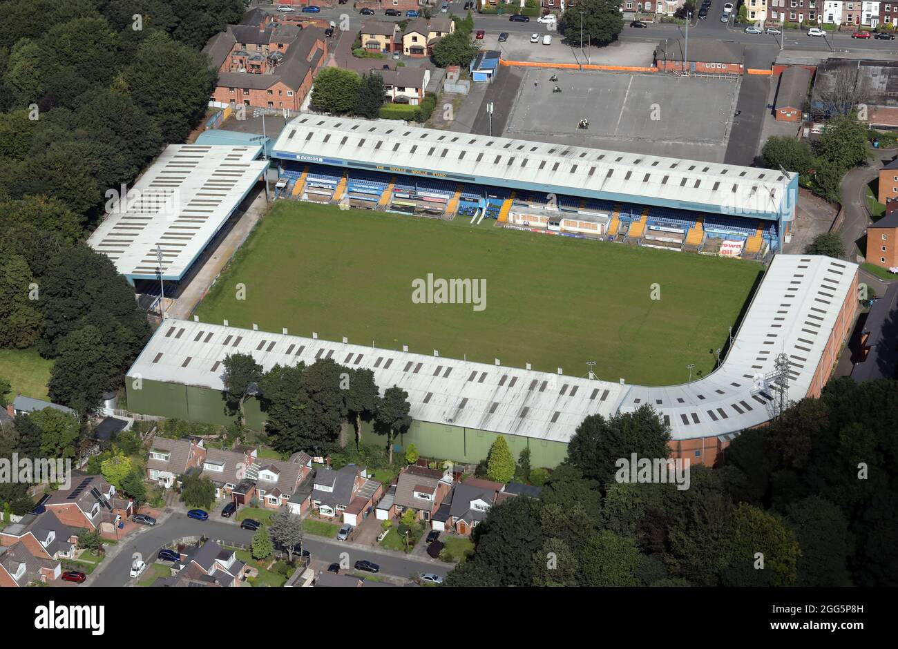 Luftaufnahme des Fußballplatz Gigg Lane des Bury FC Stockfoto