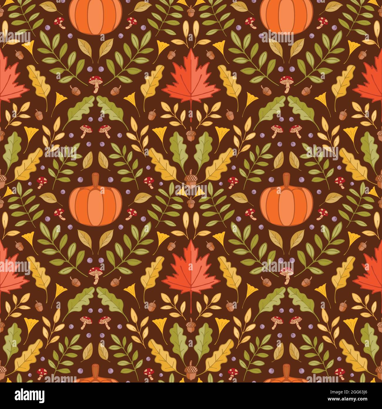 Bunte Herbstblätter und Kürbis Doppelmedaillon Motiv nahtlose Muster Hintergrund Stock Vektor