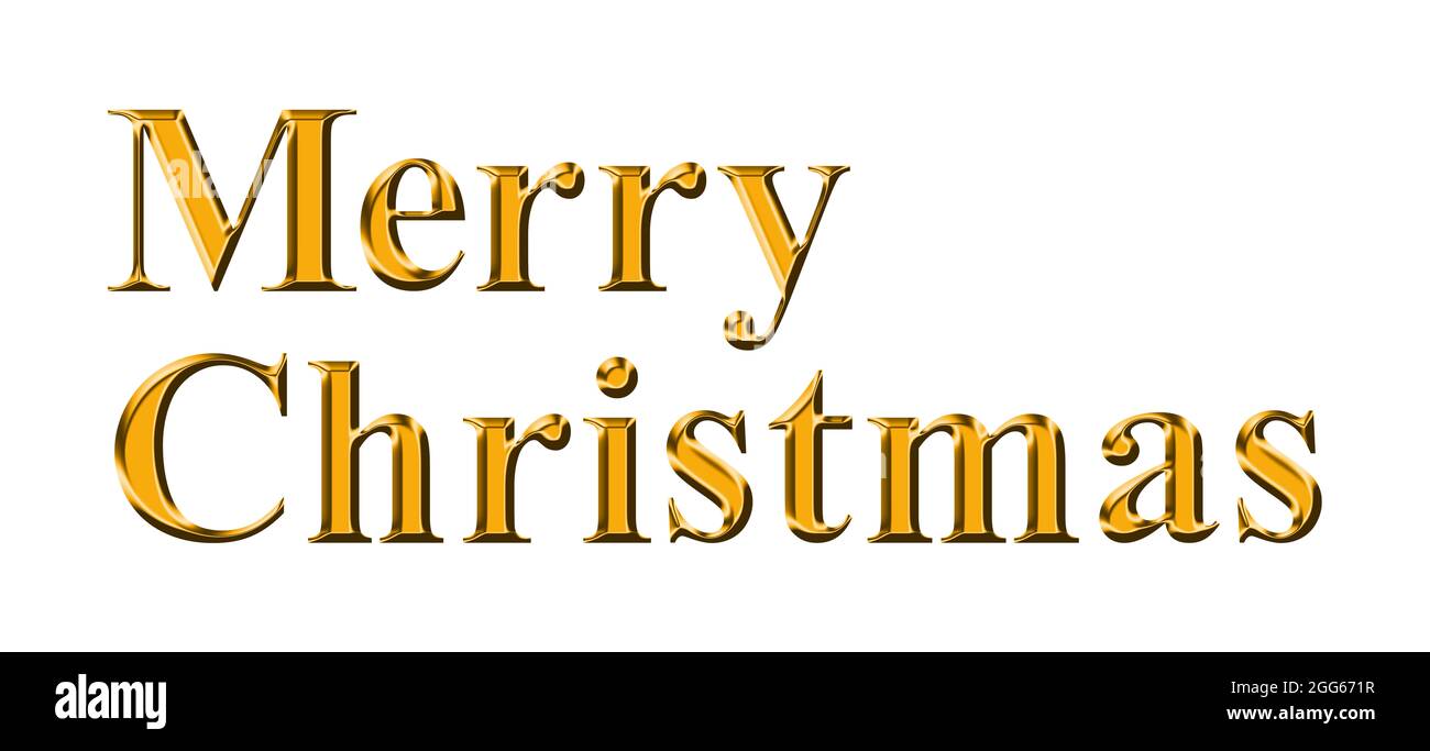 Frohe Weihnachten, Schriftzug in Gold. Goldene Schrift der Begrüßung und des Abschieds, traditionell in englischsprachigen Ländern verwendet. Stockfoto