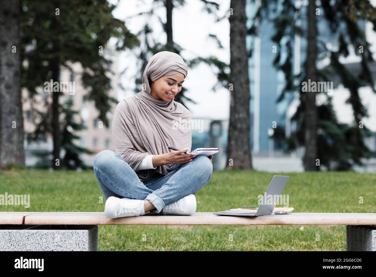 Fernunterricht, Außenarbeitsplatz, Bildung, Online-Studium im Herbst Stockfoto Fernunterricht, Außenarbeitsplatz, Bildung, Online-Studium im Herbst Stockfoto
