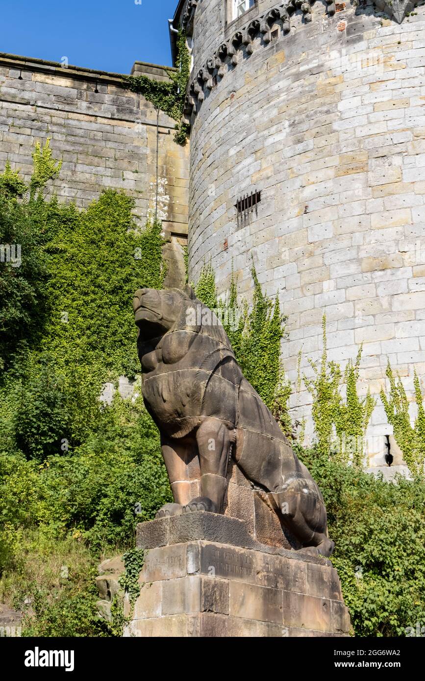 Bad Bentheim, Deutschland - 25. August 2021: Eingang von Schloss Bentheim in Nordrhein-Westfalen, größtes Bergschloss im Nordwesten Deutschlands, Stockfoto