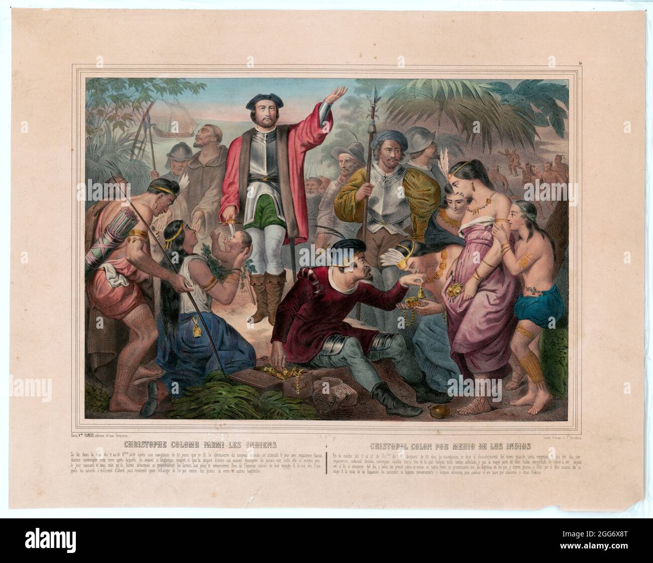 Christopher Columbus among Indians. Bild 3 in einer Serie von 4 digital restaurierten Titeln: Christophe Colomb parmi les Indiens / lith. De Turgis. Erstellungsdatum: Paris : Vve. Turgis, [zwischen 1850 und 1900] Medium: 1 Druck : Lithographie, Farbe. Titel auch auf Spanisch. Stockfoto