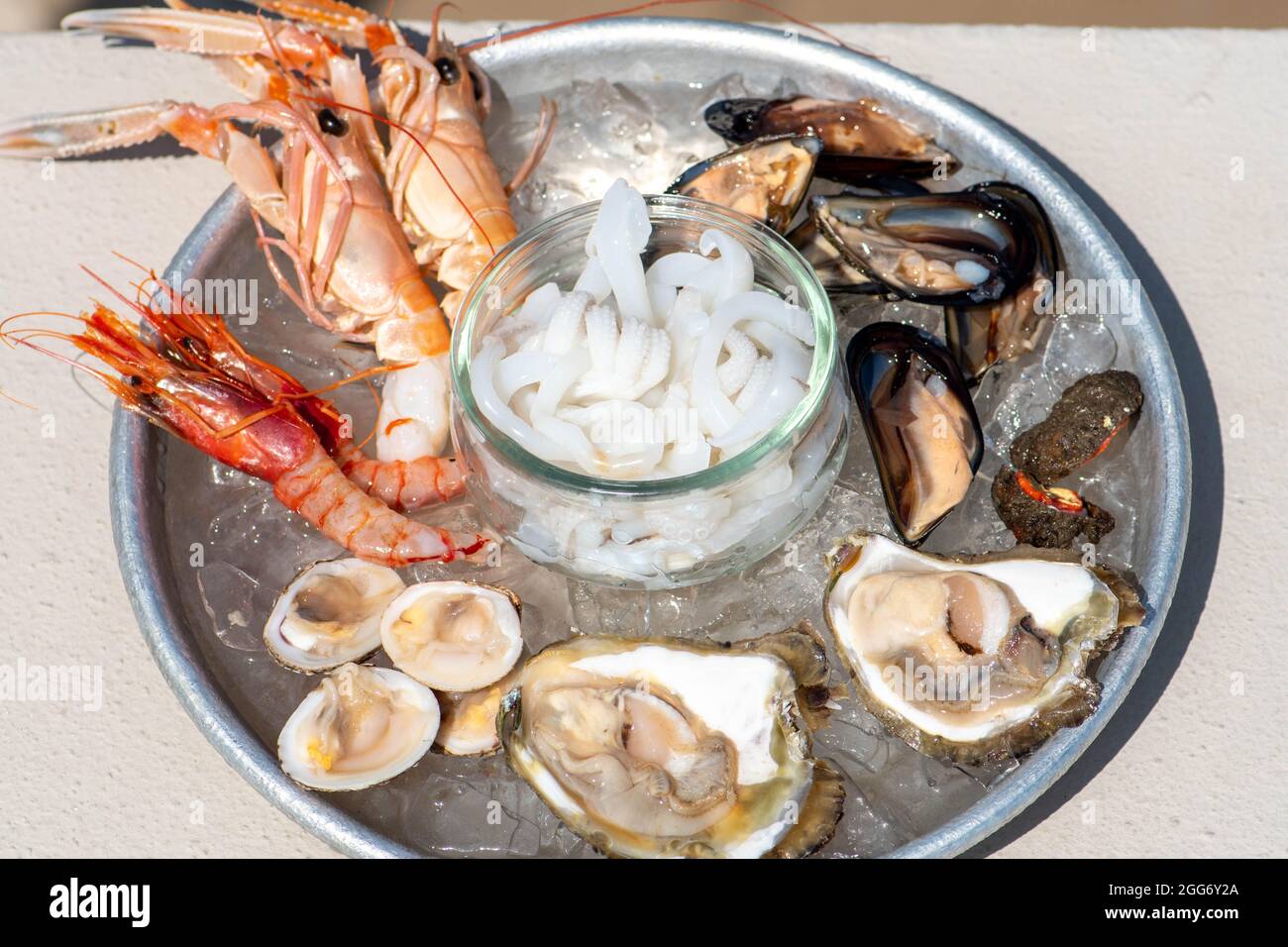 Teller mit rohen frischen Meeresfrüchten oder Lebensmitteln, verzehrfertig mit Garnelen, Garnelen, Austern, Muscheln, Muscheln, Muscheln, Tintenfische, Nahaufnahme Stockfoto