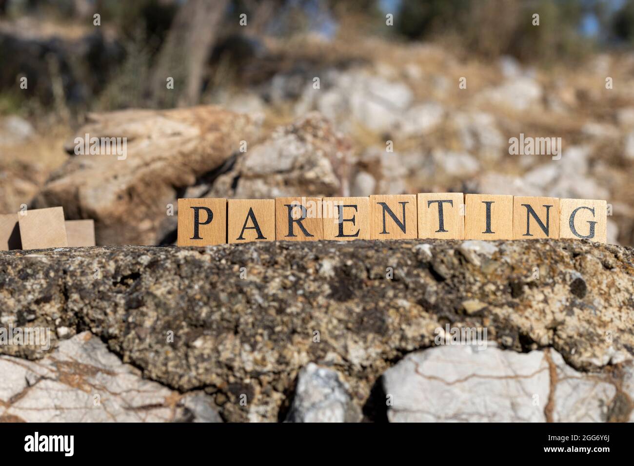 Das Wort der Eltern wurde aus Holzwürfeln erschaffen. Fotografiert an der Wand. Nahaufnahme. Stockfoto