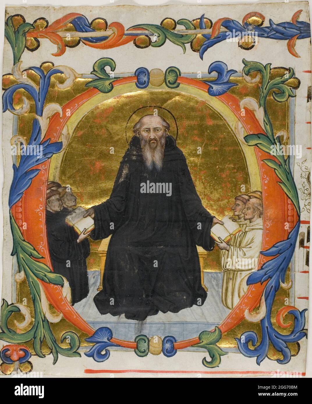 Der heilige Benedikt übergibt seine Regel an Benediktiner- und Zisterziensermönche in einem historisierenden „O“ aus einem Choirbook 1394/95 Stockfoto