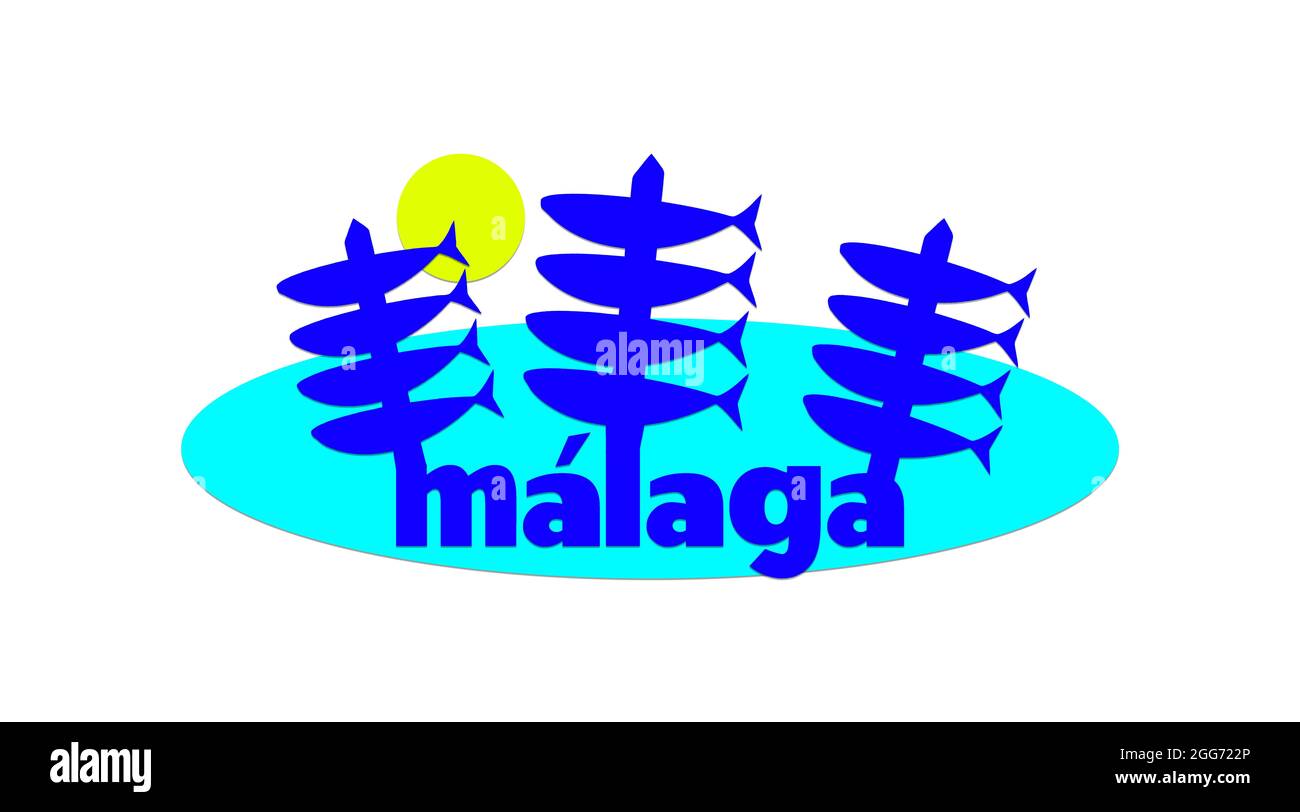 Schöne Typografie-Design mit Spieß von Sardinen, Logo des Namens malaga der europäischen Stadt Europas mit rotem Herz geeignet für den Tourismus oder Pro Stockfoto