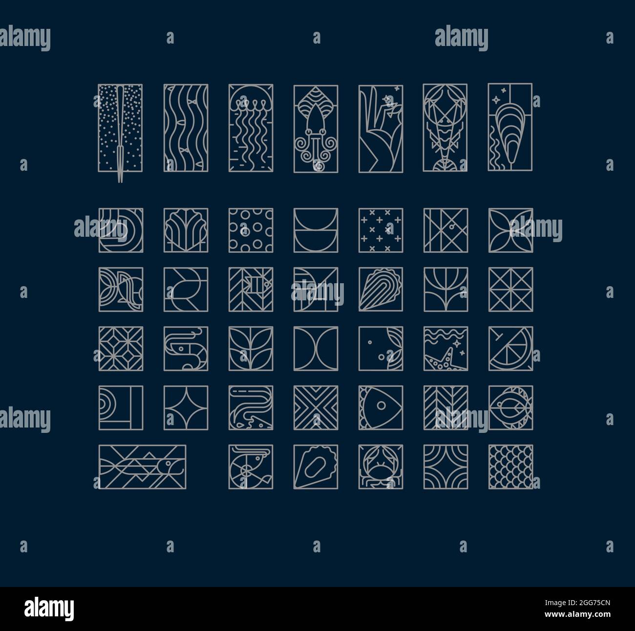 Set von kreativen modernen Art-Deco-Seafood-Ikonen in flacher Linienzeichnung auf blauem Hintergrund. Stock Vektor