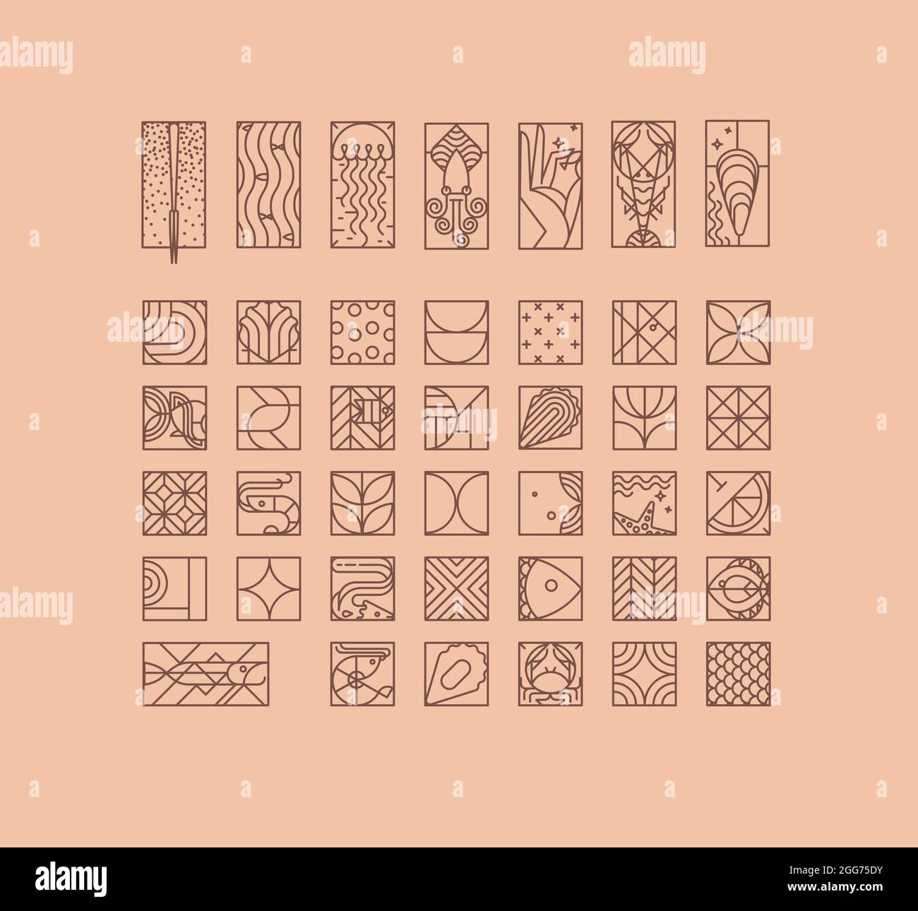 Set kreativer moderner Art-Deco-Seafood-Ikonen in flacher Linienzeichnung auf beigem Hintergrund. Stock Vektor