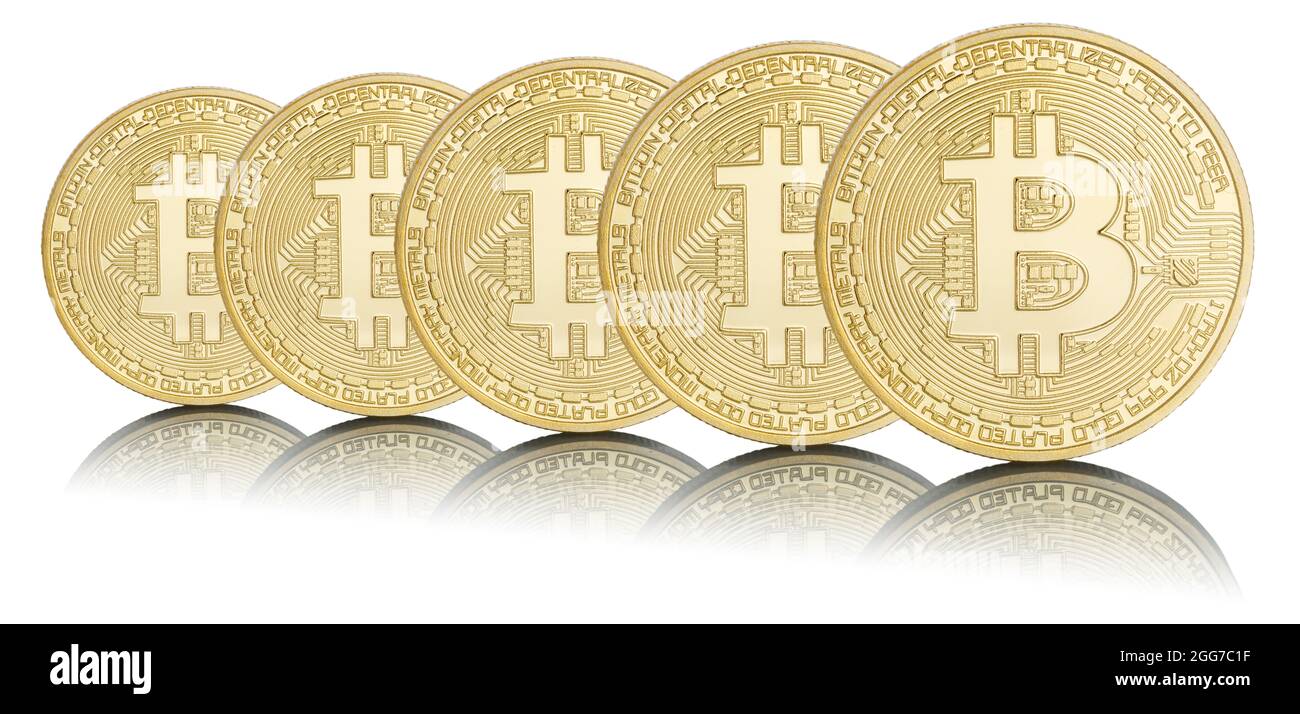 Bitcoin Krypto-Währung Online bezahlen digitales Geld Kryptowährung in einer Reihe Geschäftsfinanzen isoliert auf weißen Bit-Münze Stockfoto