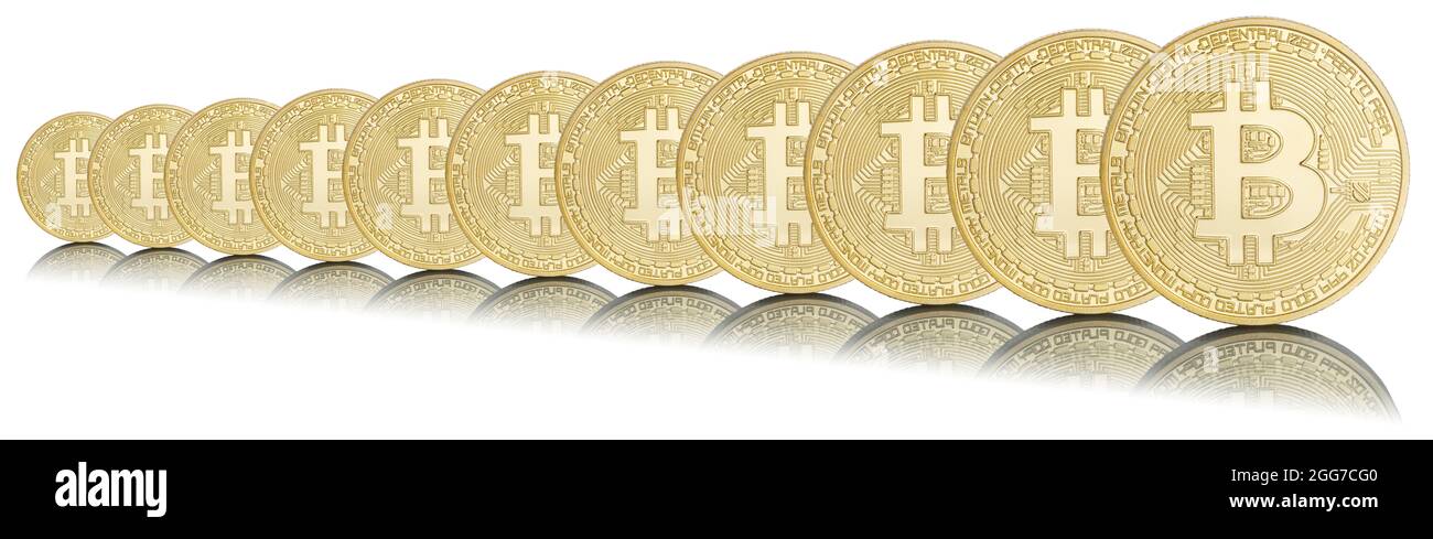 Bitcoin Krypto-Währung Online bezahlen digitales Geld Kryptowährung in einer Reihe Geschäftsfinanzen isoliert auf weißen Bit-Münze Stockfoto