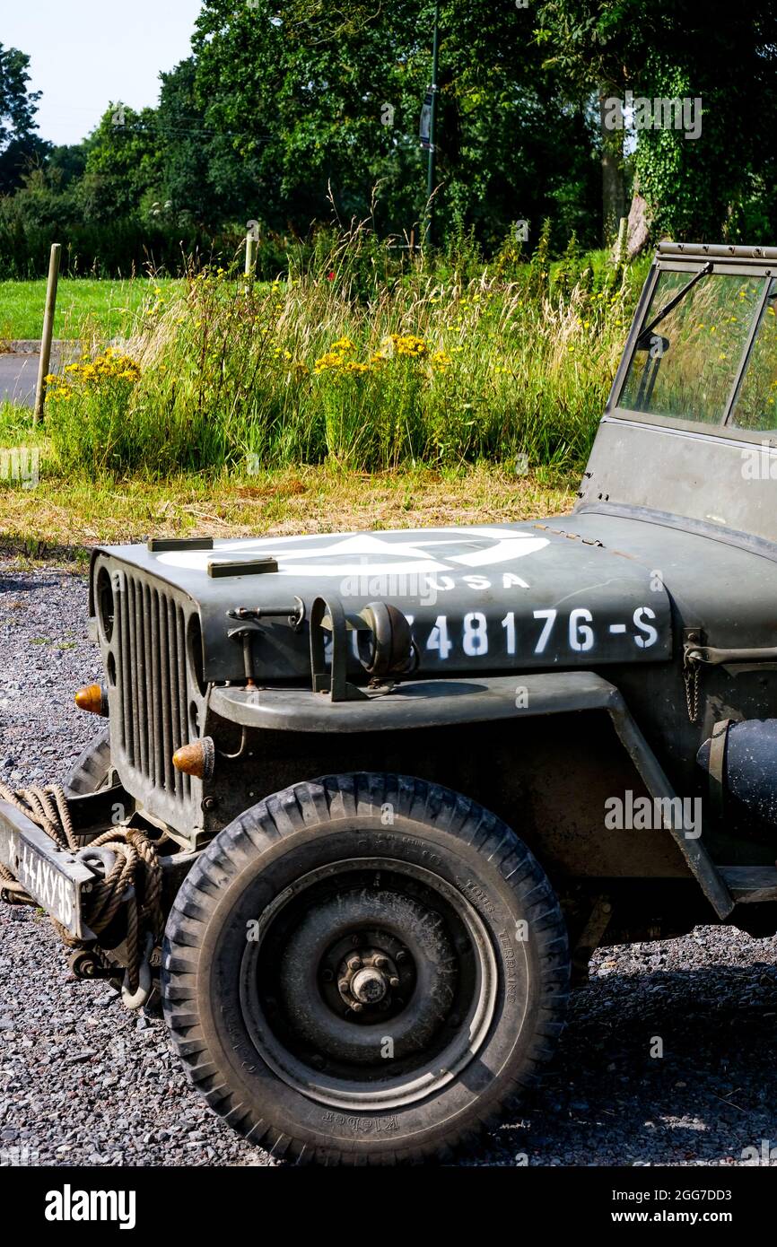 Amerikanischer Jeep des Zweiten Weltkriegs, Calvados, Normandie-Region, Nordwestfrankreich Stockfoto