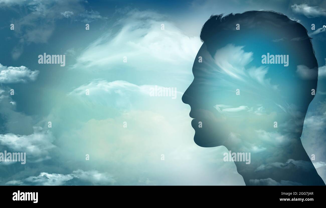 Mann Kopf Profil Silhouette mit Himmel und Wolken Hintergrund.Konzept des Denkens - Psychologie - Imagination.psychische Störung Metapher - psychische Gesundheit Stockfoto
