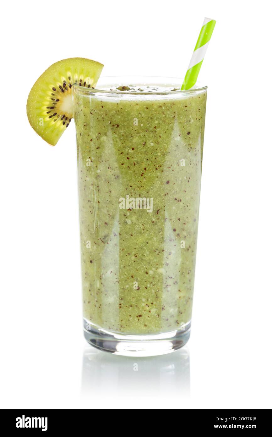 Grüner Smoothie Fruchtsaft Trinken Sie Kiwi in einem Glas isoliert auf weiß gesund trinken Stockfoto