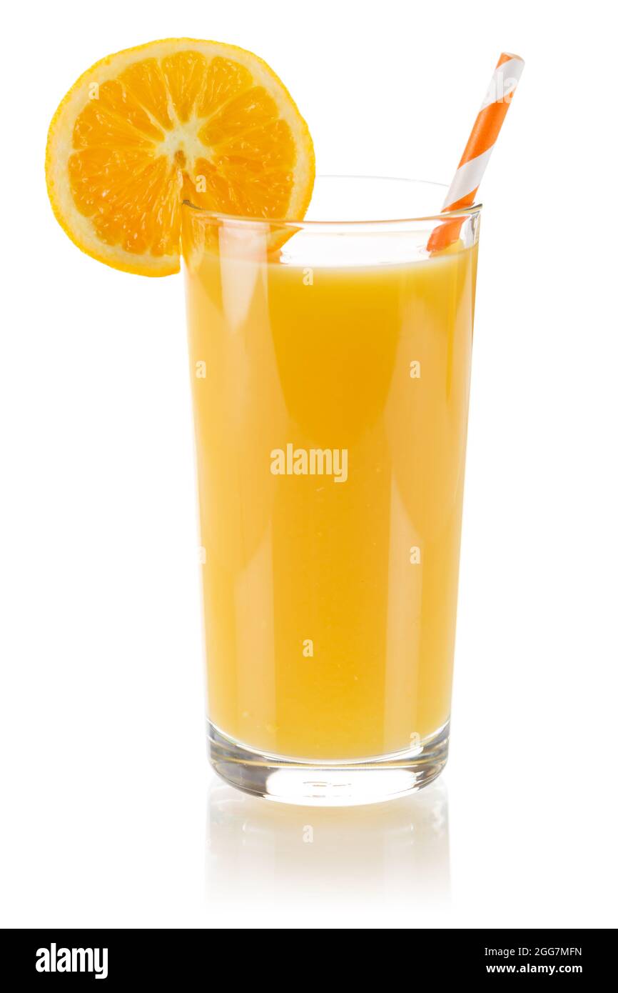 Orangensaft frisches Getränk in einem Glas isoliert auf weißem Hintergrund Stockfoto