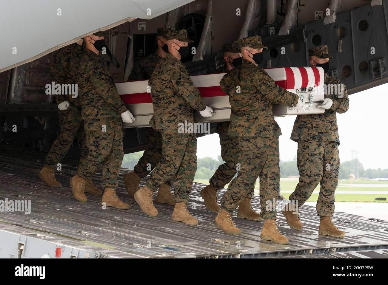 Ein U.S. Marine Corps Carry Team überträgt die Überreste des Marine Corps Lance CPL. Kareem M. Nikoui aus Norco, Kalifornien, 29. August 2021 auf der Dover Air Force Base, Delaware. Nikoui wurde dem 2. Bataillon, dem 1. Marine-Regiment, der 1. Marine-Division, der I Marine Expeditionary Force, Camp Pendleton, Kalifornien, zugewiesen. (USA Luftwaffe Foto von Jason Minto) Stockfoto