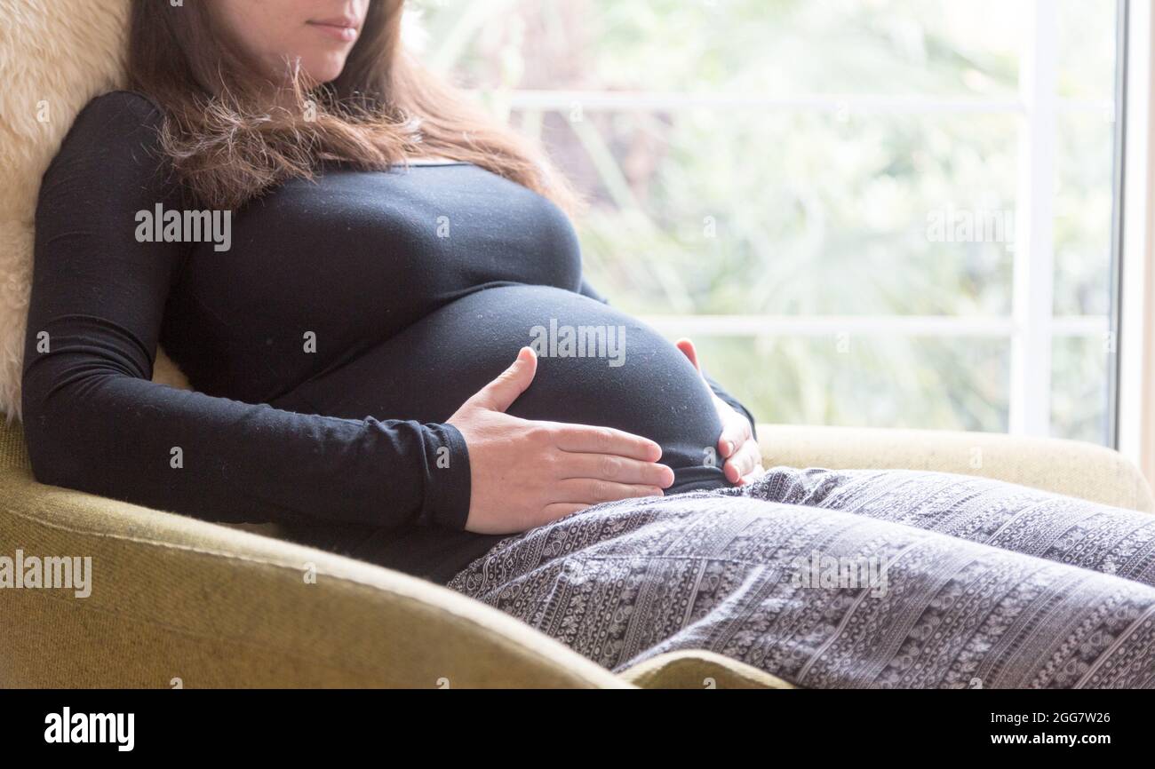 Schwangere Frau, Familie, Liebe und Lebenskonzepte. Horizontales, breites Foto mit Platz für Kopien. Stockfoto