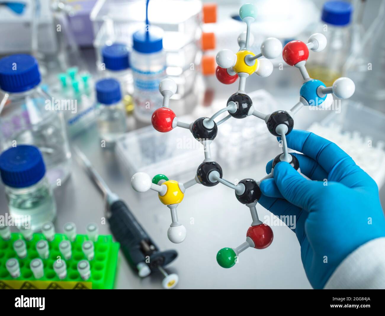 Wissenschaftler halten Molekülmodell im Labor Stockfoto