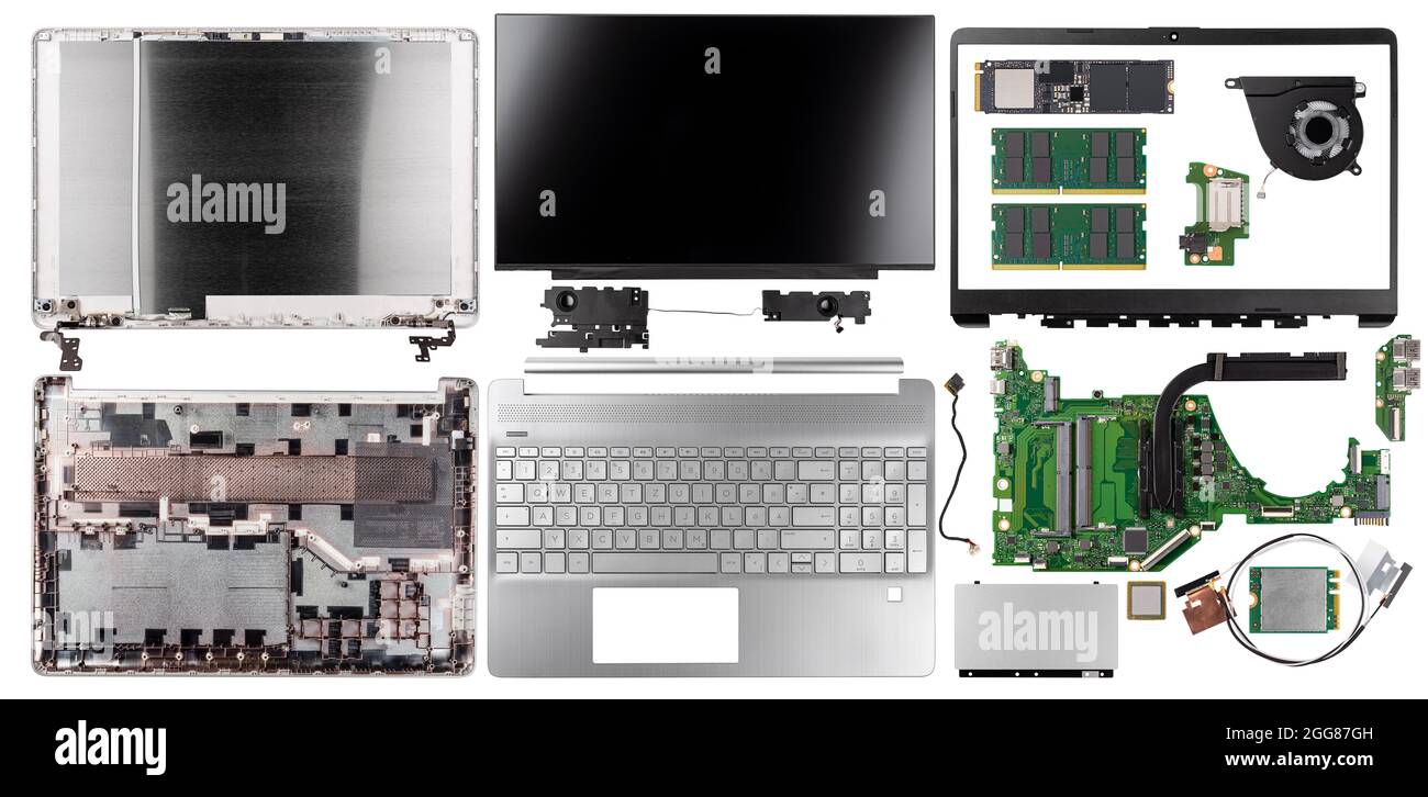 Teile und Komponenten Satz eines modernen Slime Notebook-laptop-pc in Draufsicht isoliert auf weißem Hintergrund. Technologie hardware Computer-Konzept. Stockfoto