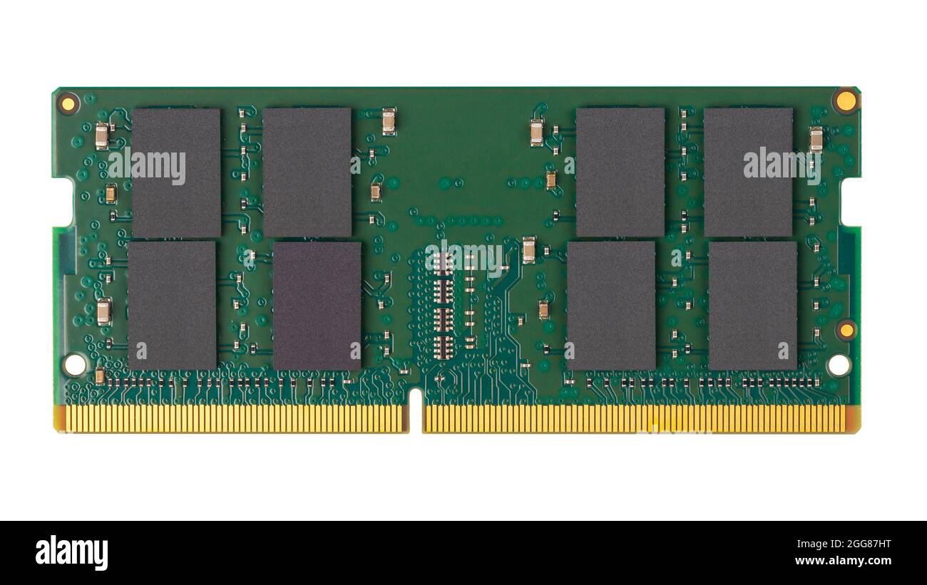 Schnelles grünes modernes SO-DIMM DDR4 RAM Speichermodul für Notebook-Laptop-Computer isoliert auf weißem Hintergrund. pc-Hardware-Technologie-Konzept. Stockfoto