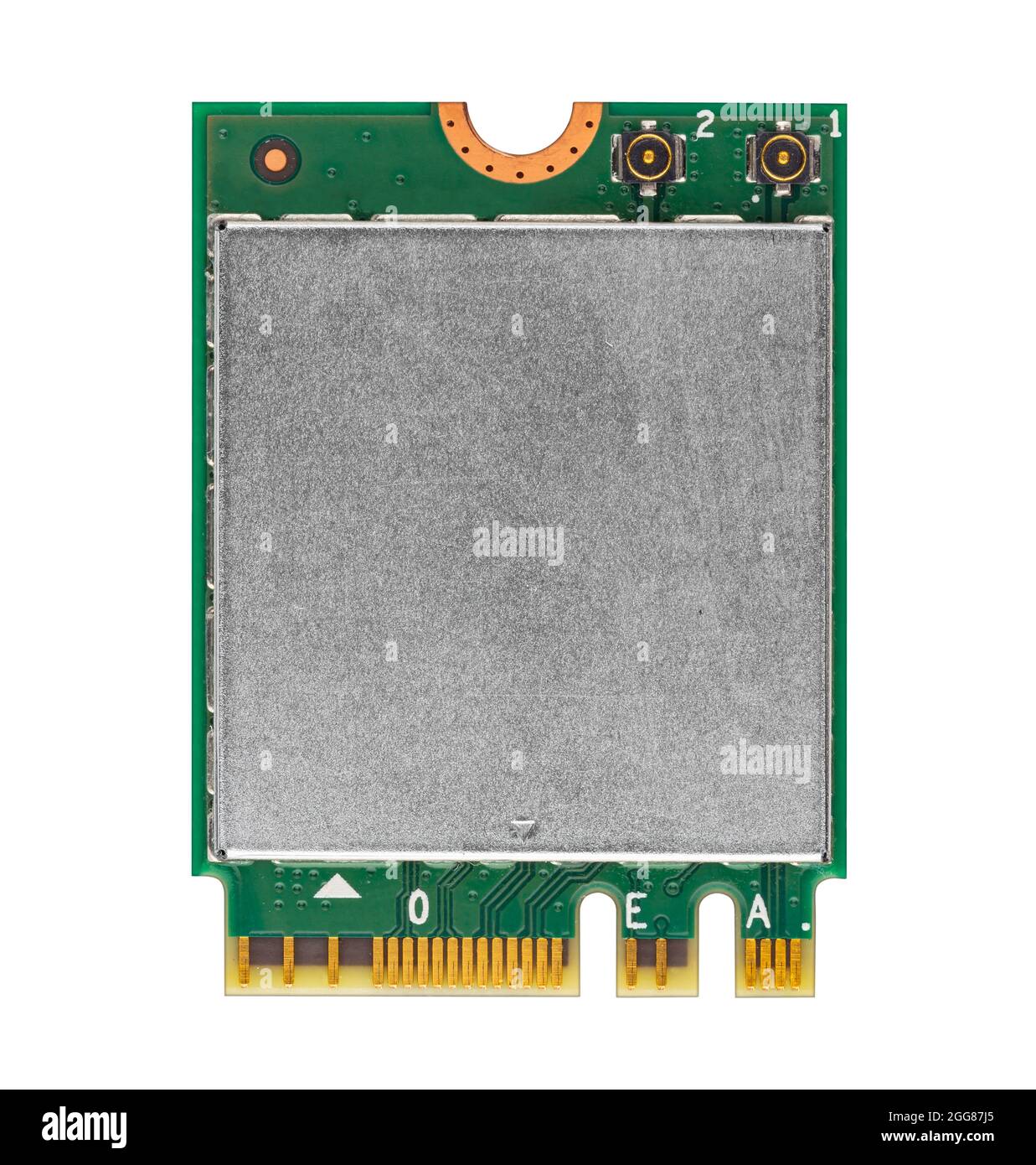 Grün moderne schnelle WiFi bluetooth M2 PCIE-Modul Chipkarte für Notebook-Laptop-Computer isoliert auf weißem Hintergrund. pc-Hardware-Technologie-Konzept. Stockfoto