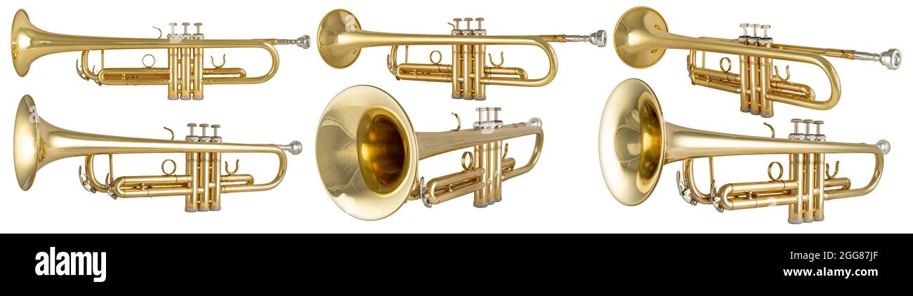 Set Sammlung von golden glänzend metallischen Messing Trompete Musikinstrument isoliert auf weißem Hintergrund. Musikalische Ntertainment Band Konzept. Stockfoto