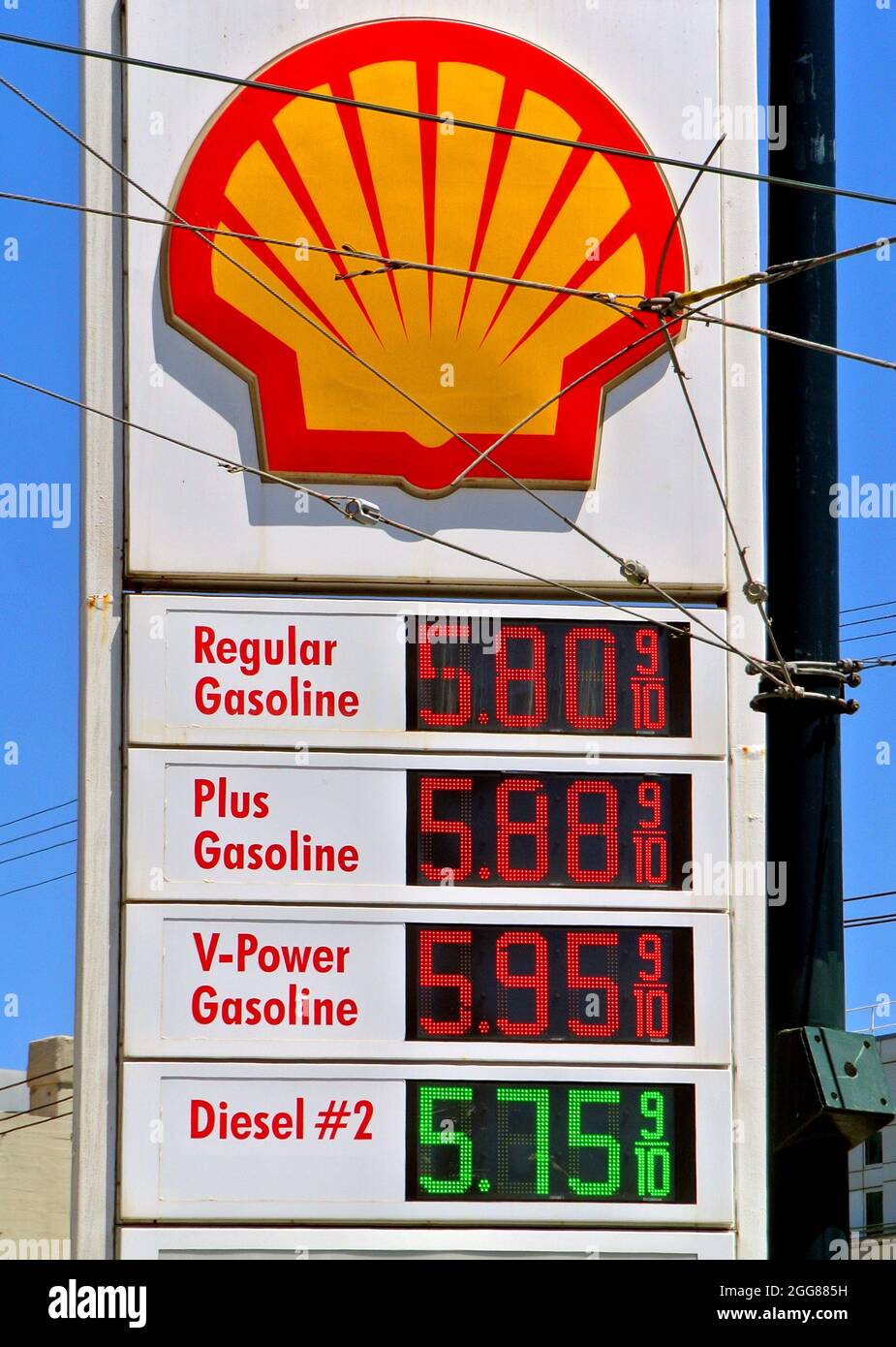 Gaspreise aug 2021 auf Downtown san francisco usa Shell Tankstelle Stockfoto
