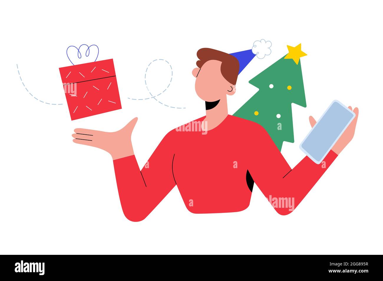 Weihnachten Online-Shopping, Junge Frau mit Smartphone Weihnachtsgeschenke Freunde und Familie, Lieferservice, Vektor-Cartoon-Illustration zu kaufen Stock Vektor