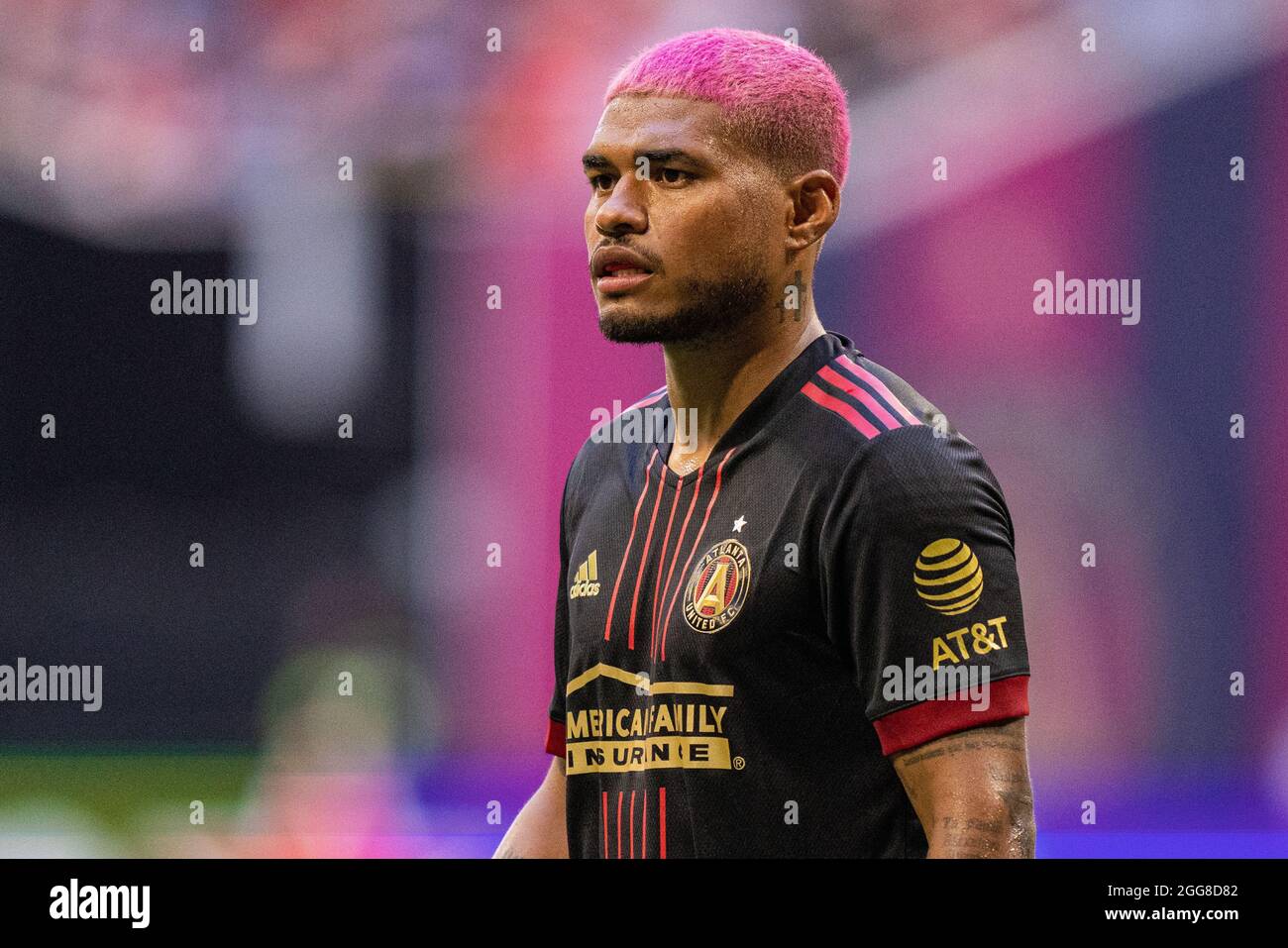 Atlanta, USA. August 2021. Josef Martinez (7) von Atlanta United schaut während eines MLS-Fußballspiels zwischen dem SC Nashville und Atlanta United am Samstag, den 28. August 2021 im Mercedes-Benz Stadium in Atlanta, GA, auf. Jacob Kupferman/CSM Credit: CAL Sport Media/Alamy Live News Stockfoto