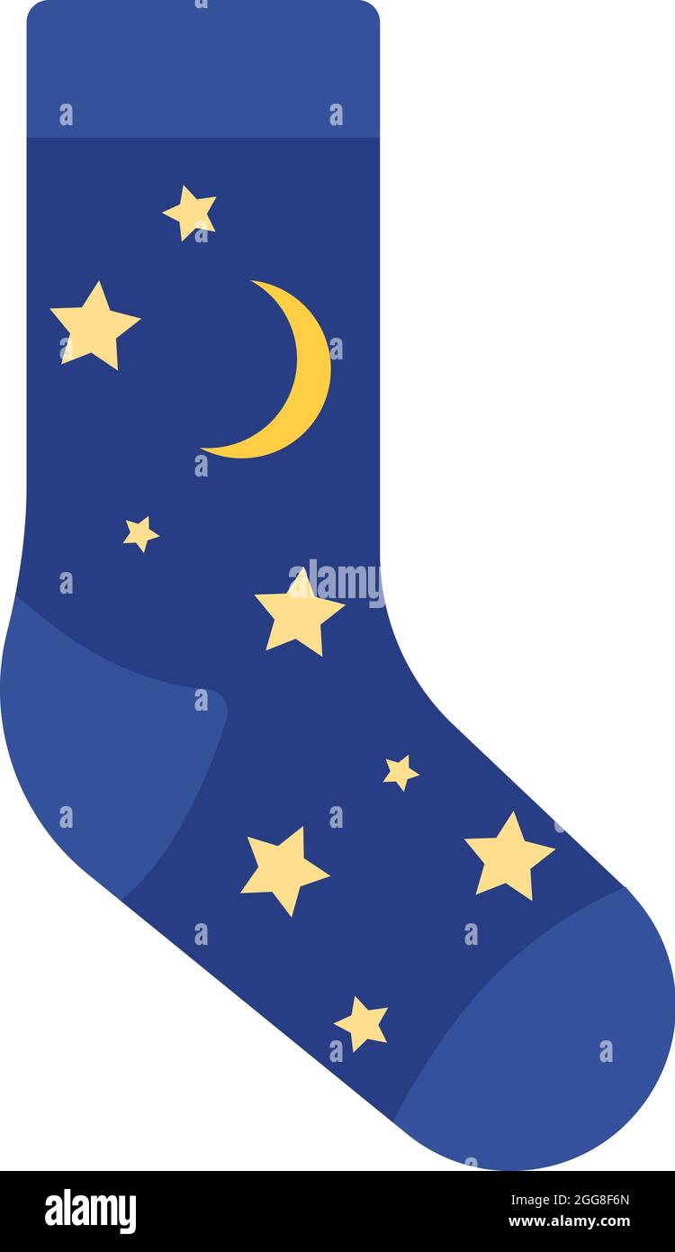 Dunkelblaue Socke mit Sternen und Mond, Illustration, Vektor auf weißem Hintergrund. Stock Vektor