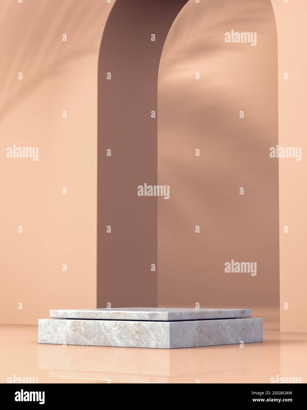 Hintergrunddesign für das Produkt-Branding. Marmorpodium für die Präsentation von Produkten. Palmblatt Schatten auf dem Bogen und an der Wand. 3d-Rendering. Stockfoto