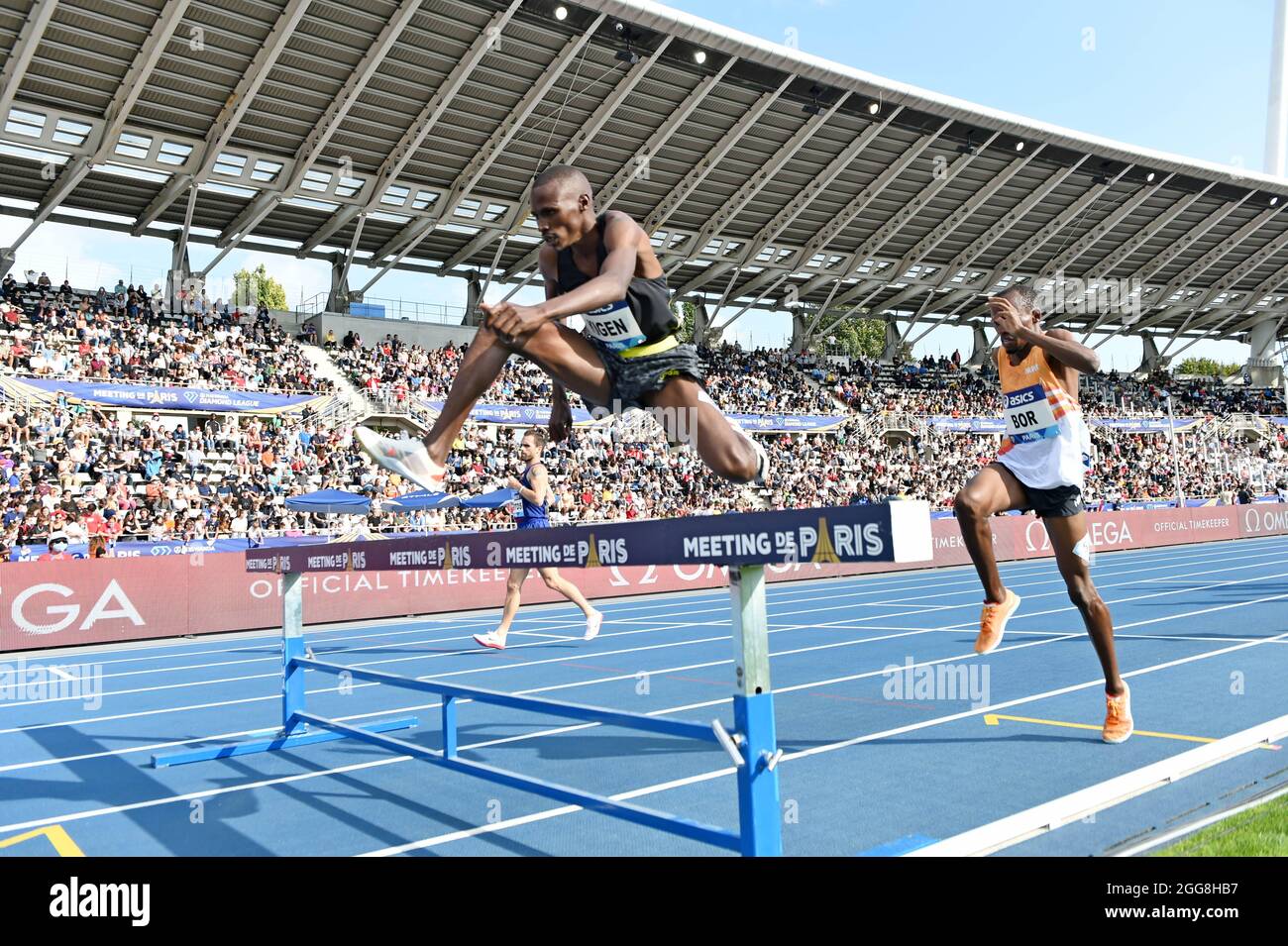 Benjamin Kigen (KEN) gewinnt die Hindernislauf in 8:07.12 während des Meeting de Paris am Samstag, den 28. August 2021 in Paris. (Jiro Mochiz Stockfoto