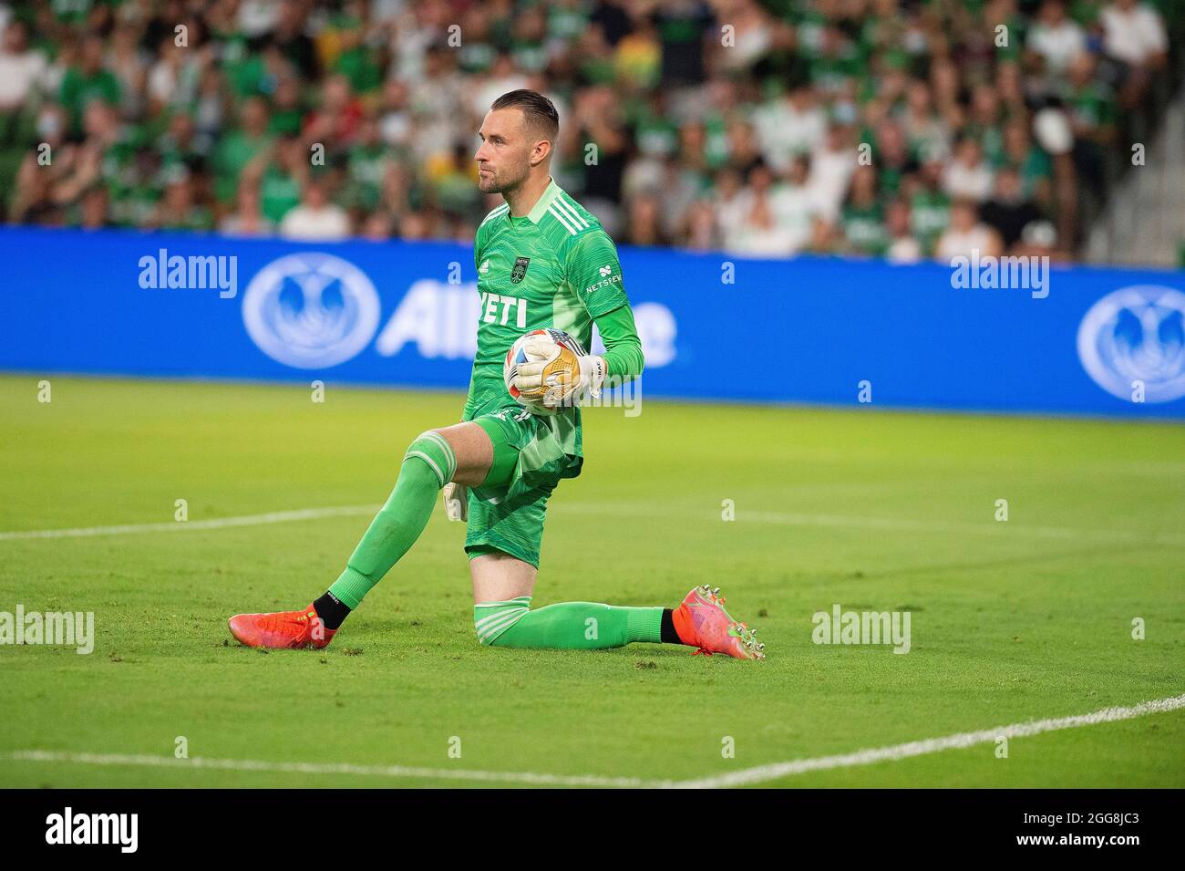 Austin, Texas, USA. 29. August 2021: Austin FC Brad Stuver Torwart (41) im Einsatz während des MLS-Spiels gegen den Dallas FC im Q2 Stadium. Austin, Texas. Mario Cantu/CSM Kredit: CAL Sport Media/Alamy Live News Stockfoto