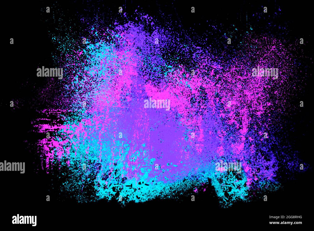 Knallbunte Pulverexplosion. Mehrfarbiger abstrakter Farbstaub auf schwarzem Hintergrund. Bunte psychedelisch Farbe platzte. Kreative Illustration Stockfoto