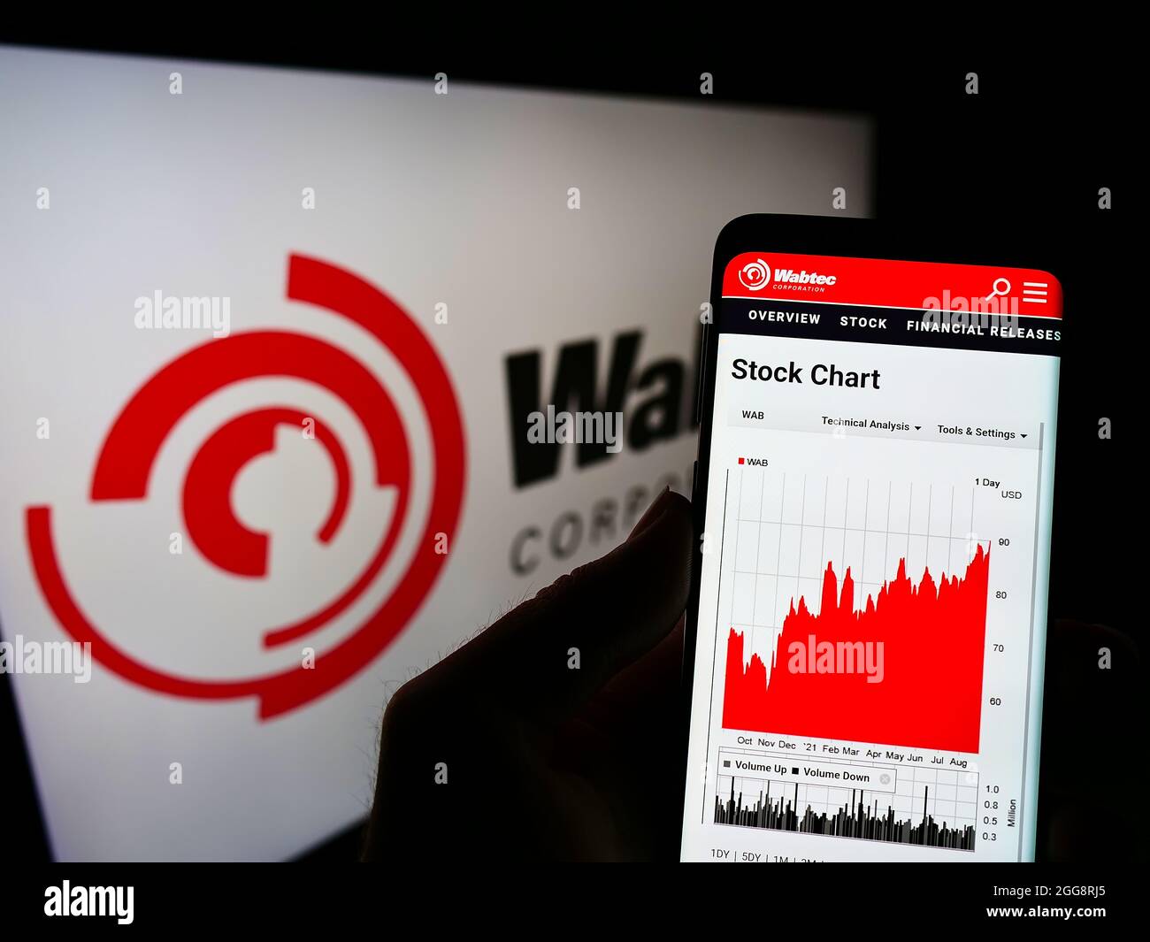 Person, die Mobiltelefon mit der Webseite des US-Eisenbahnherstellers Wabtec Corporation auf dem Bildschirm vor dem Logo hält. Konzentrieren Sie sich auf die Mitte des Telefondisplays. Stockfoto