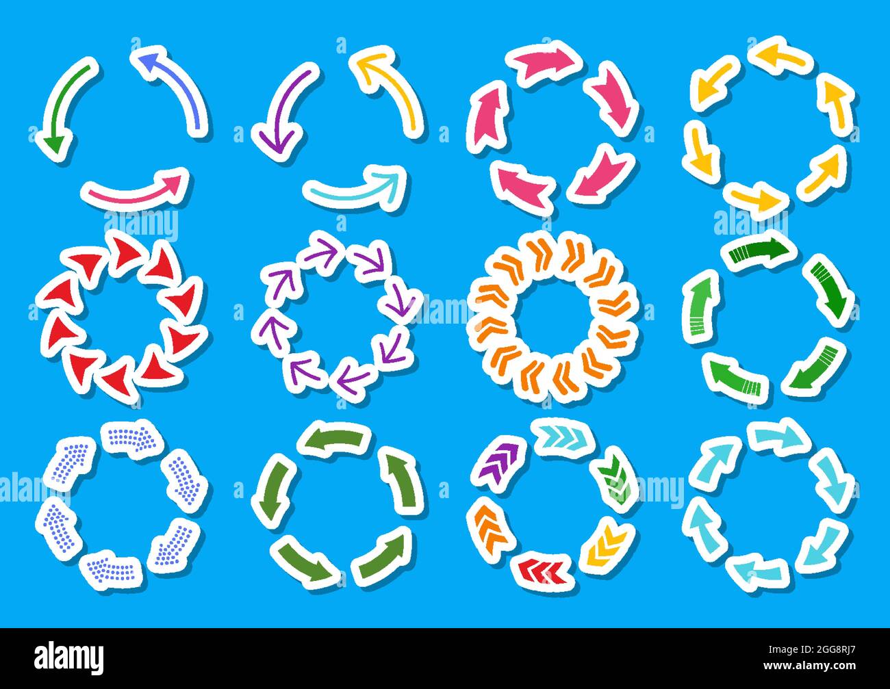 Kreisförmige Pfeile Aufkleber Etikett bunt, verschiedene Dicke. Lade-und Recycling-Symbol. Loop Refresh Reload und Drehzeichen gesetzt. Infografik Design-Elemente, Geschäftsstrategie Statistiken Diagramme Stock Vektor