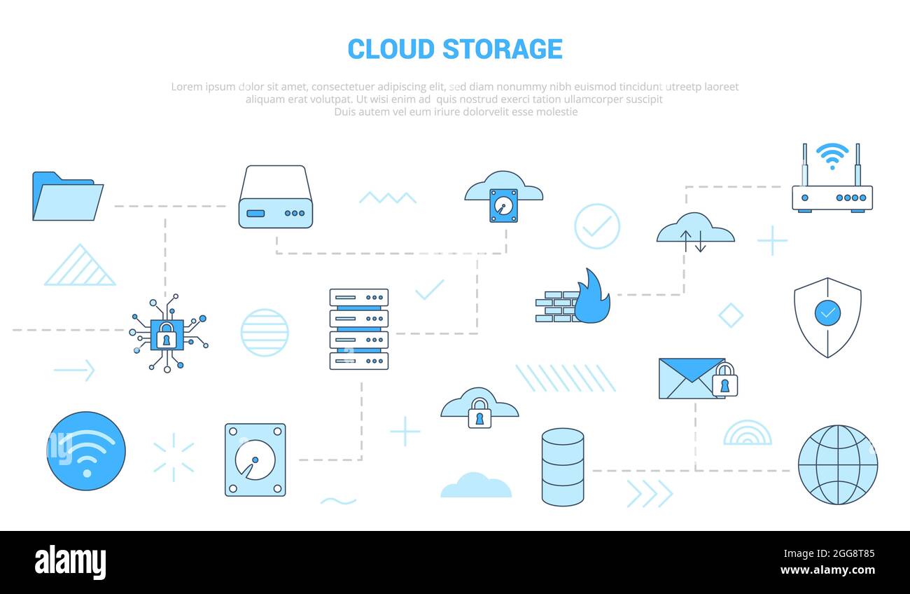 Cloud-Storage-Konzept mit Icon Set Template Banner mit moderner blauer Farbe Stil Vektor-Illustration Stockfoto