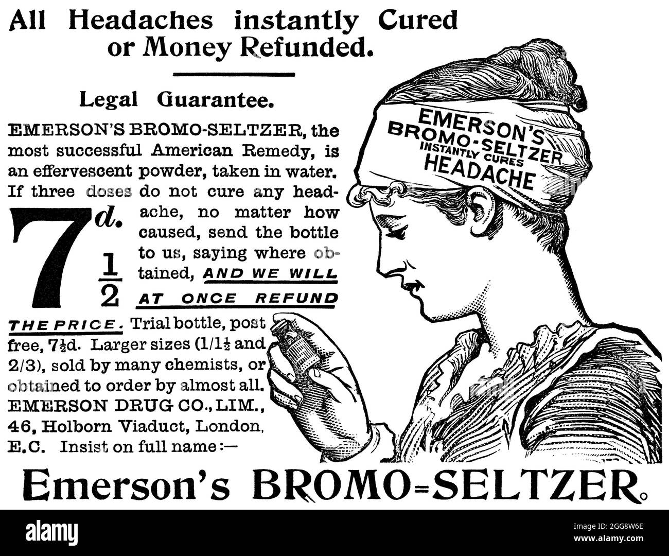1895 Vintage britische Werbung für Emersons Bromo-Seltzer Kopfschmerzmittel. Stockfoto