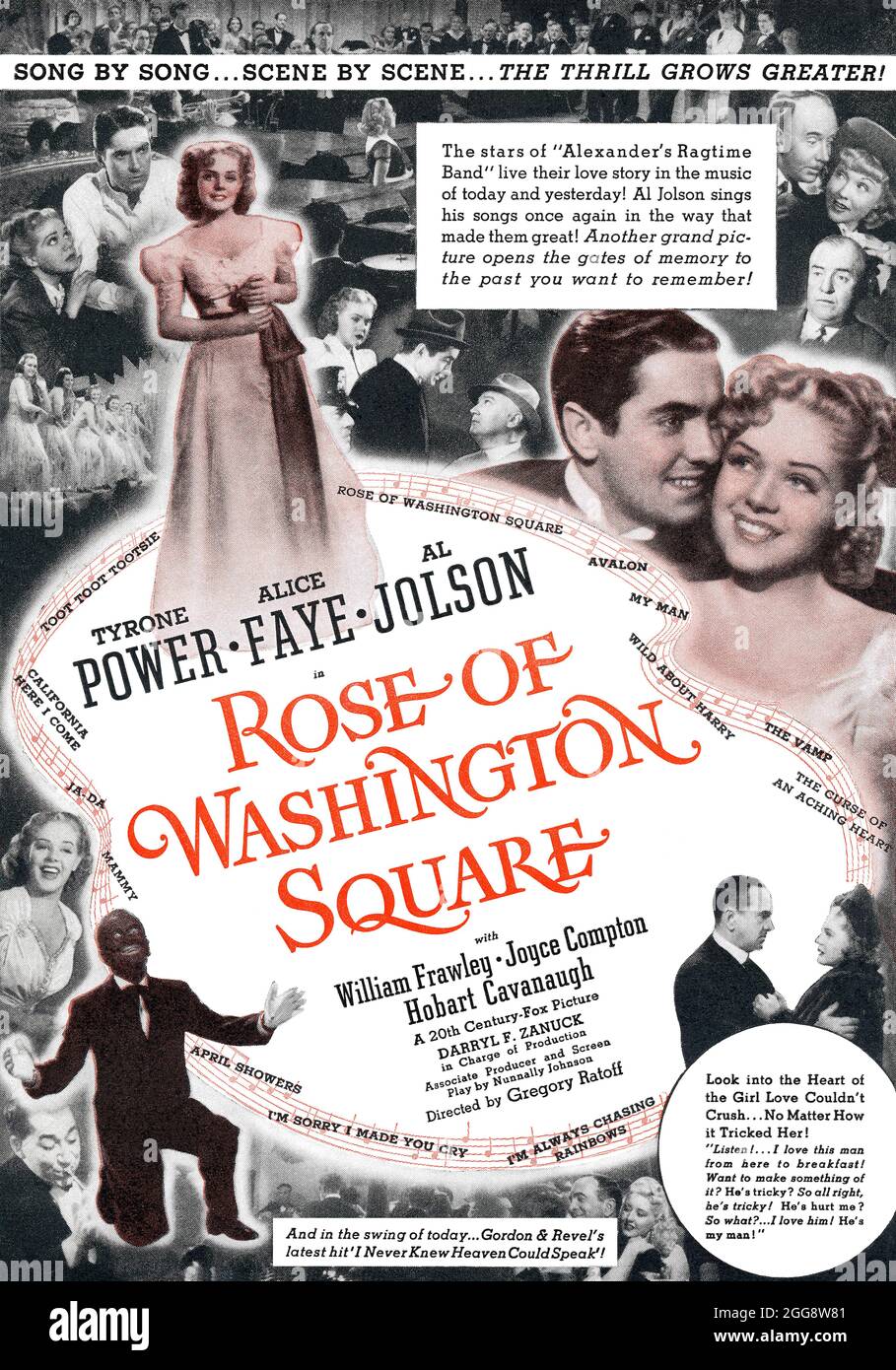 1939 US-Werbung für den Film Rose of Washington Square mit Tyrone Power, Alice Saye und Al Jolson. Produziert von Darryl F. Zanuck und unter der Regie von Gregory Ratoff. Stockfoto
