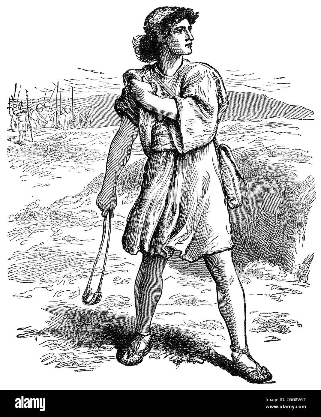 Vintage-Gravur des Israeliten David, Sohn Jesse, vor seiner Konfrontation mit dem Philister Goliath. Stockfoto