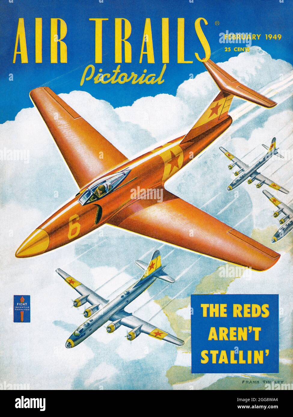 Das Titelbild der Vintage-Zeitschrift Air Trails für Februar 1949 zeigt ein sowjetisches Düsenjägerflugzeug, das Bomber begleitet. Stockfoto
