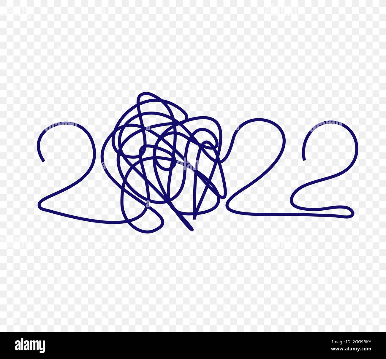 Happy New Year 2022 Stift Linie Design, chaotische Doodle Marker weihnachten Cover, gekrümmten Pinsel kritzeln Neujahr Zahlen, Faden Knoten Zahlen für den Gruß Stock Vektor