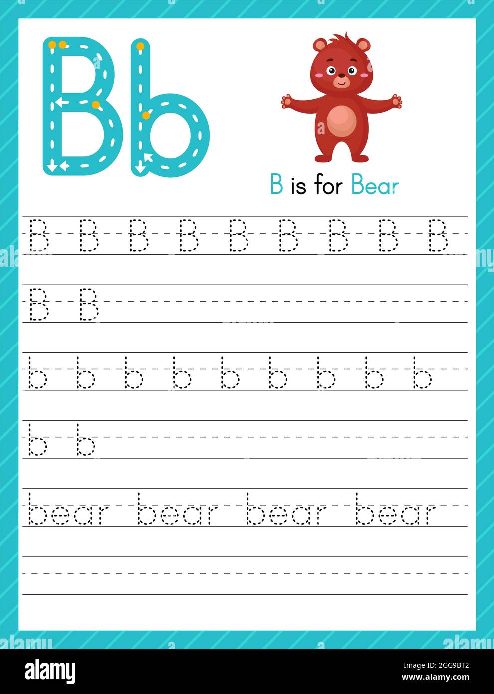 Trace-Buchstabe B in Groß- und Kleinbuchstaben. Alphabet Tracing Praxis Vorschule Arbeitsblatt für Kinder Englisch lernen mit niedlichen Cartoon Tier. Aktivität pag Stock Vektor