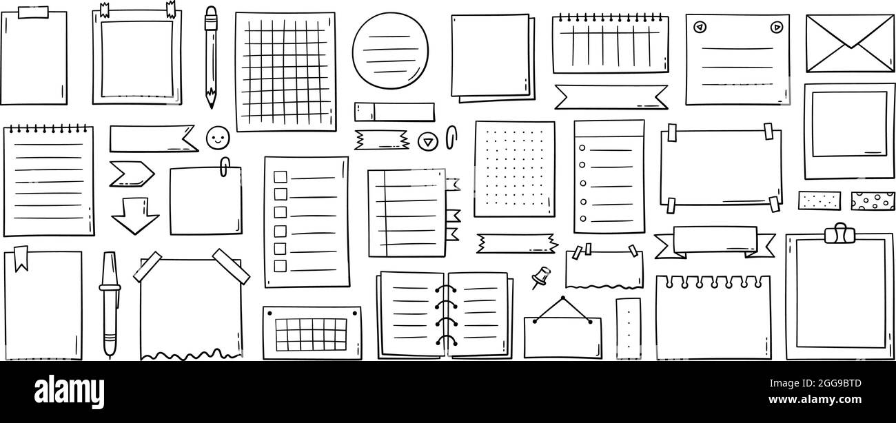 Handgezeichnete Notizblätter, Haftnotiz, Erinnerung, To-Do-Liste, Klebeband und Pfeile. Bullet Journal-Elemente im Doodle-Stil. Vektorgrafik Stock Vektor