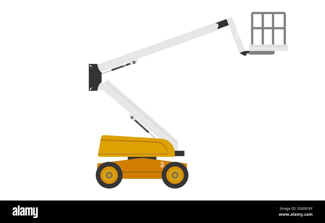Symbol für den Ausleger oder den Cherry Picker. Arbeitsbühne oder Aufzug. Bestehend aus Teleskopausleger, Becherbecherbetätigte mit hydraulischem. Für den Transport, Mai Stock Vektor