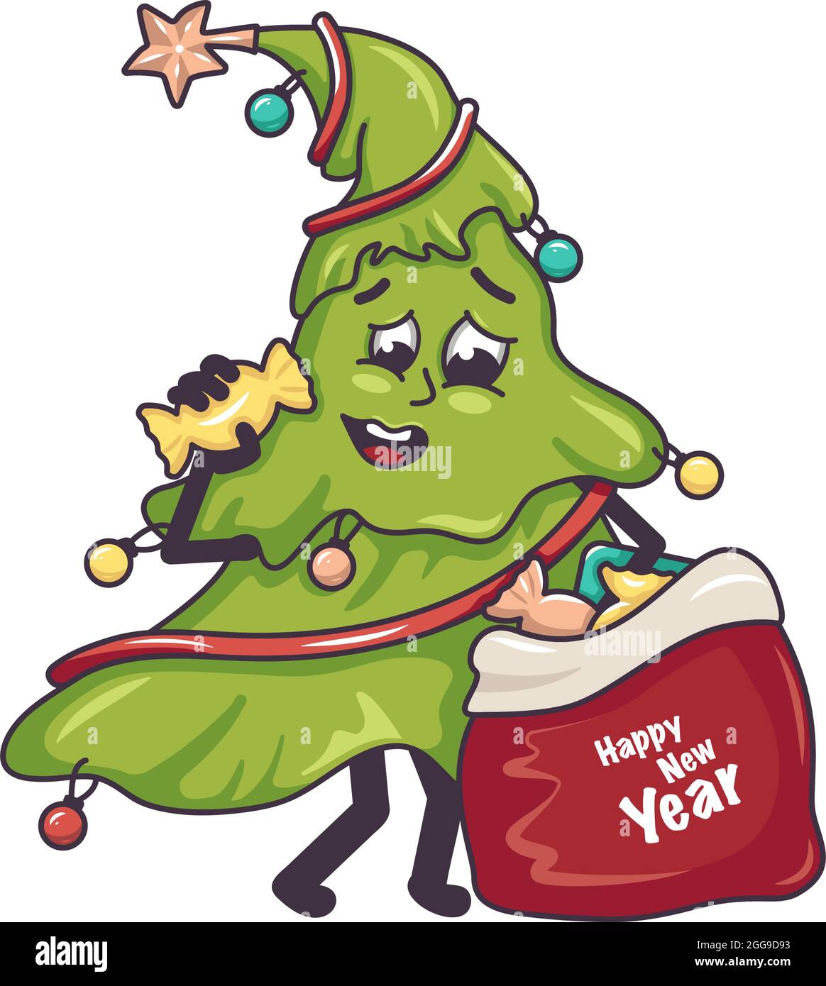 Fröhlicher Weihnachtsbaum mit lächelndes Gesicht, Beinen und Händen und einer Tüte Süßigkeiten. Festliche Dekoration für Neujahr und Feiertage Stock Vektor