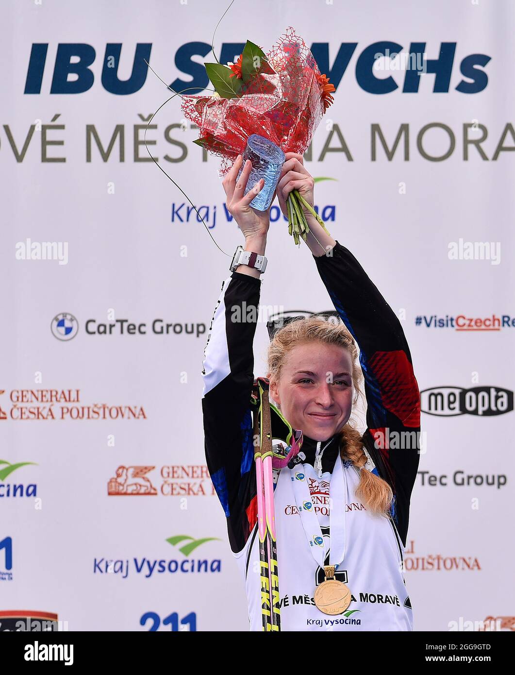 Marketa Davidova (Tscheche) gewann am 29. August 2021 die IBU Summer Biathlon World Championships, Women's Pursuit Race, in Nove Mesto na Morave, Tschechische Republik. (CTK Photo/Lubos Pavlicek) Stockfoto
