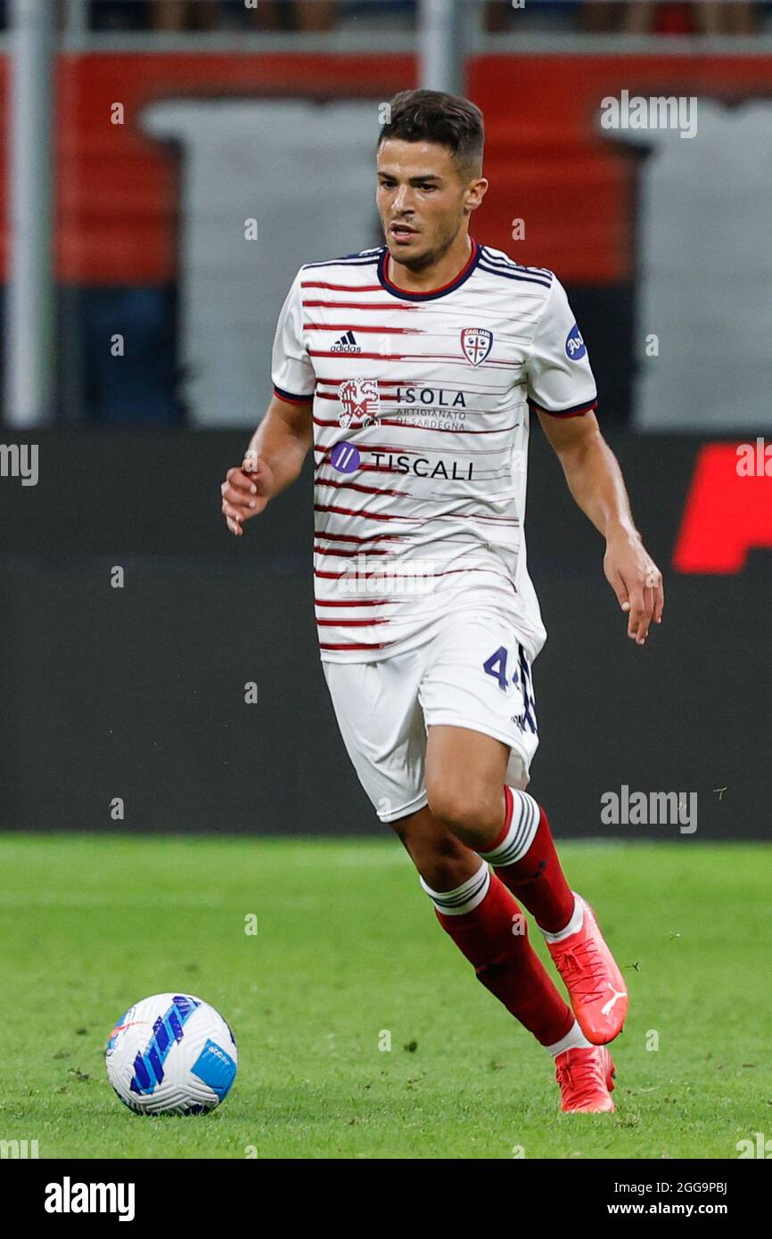 Mailand, Italien. August 2021. Andrea Carboni (Cagliari Calcio) in Aktion während AC Milan vs Cagliari Calcio, Italienische Fußballserie A Spiel in Mailand, Italien, August 29 2021 Quelle: Independent Photo Agency/Alamy Live News Stockfoto