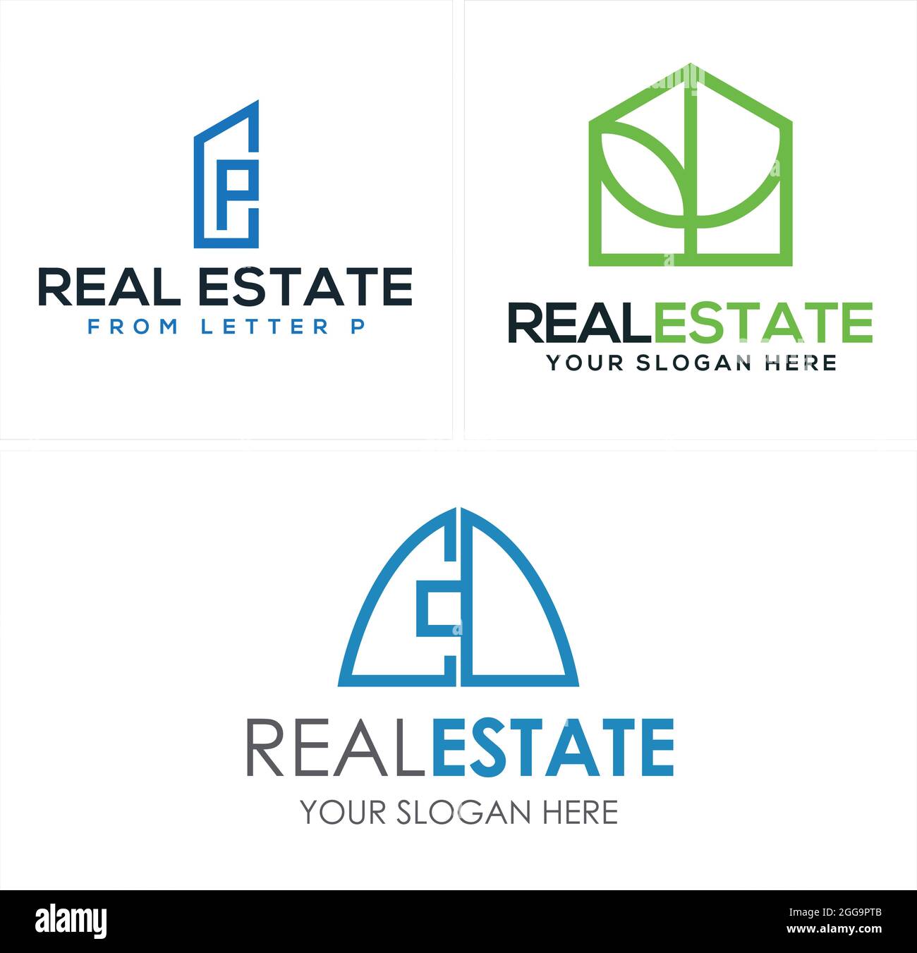 Immobilien-Logo-Vektor mit Buchstabe P Gebäude und Home Blatt Vorlage Vektor Stock Vektor