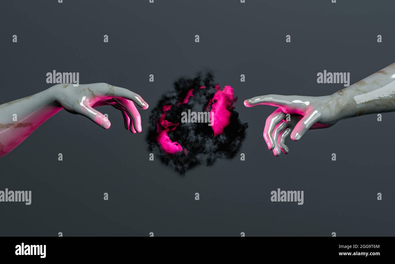 Nebel der dunklen Materie mit rosa Schattierungen zwischen den Händen von adams Schöpfung in Marmorskulptur. Konzept der Schöpfung des Universums, gottes Teilchen und Hi Stockfoto