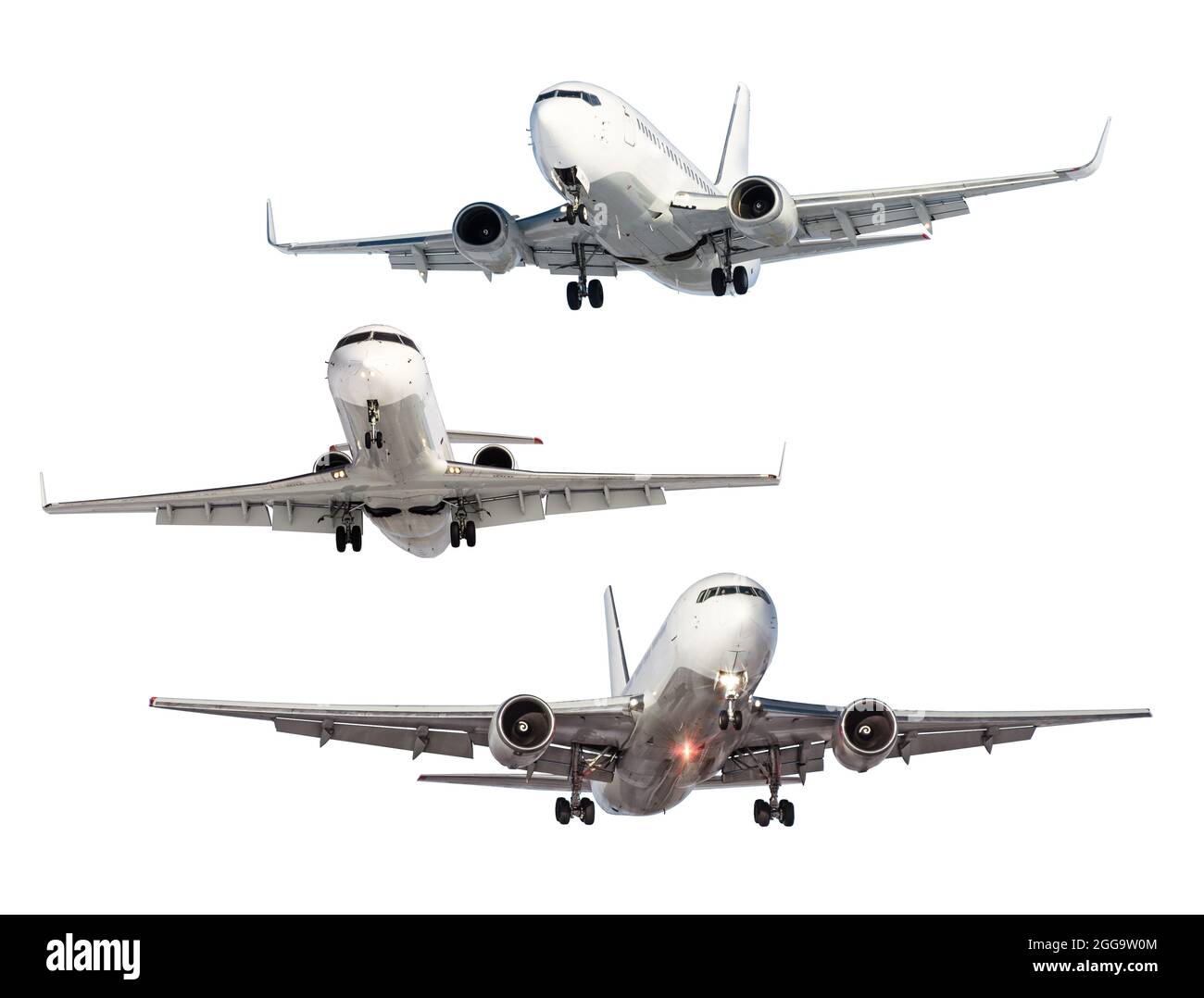 Satz von drei Flugzeugen vom Hintergrund isoliert Stockfoto